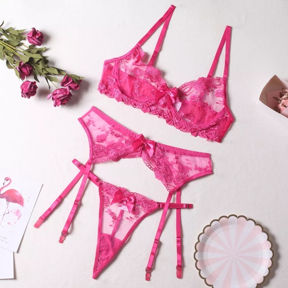 Lux Sheer Pink Floral Lingerie Set